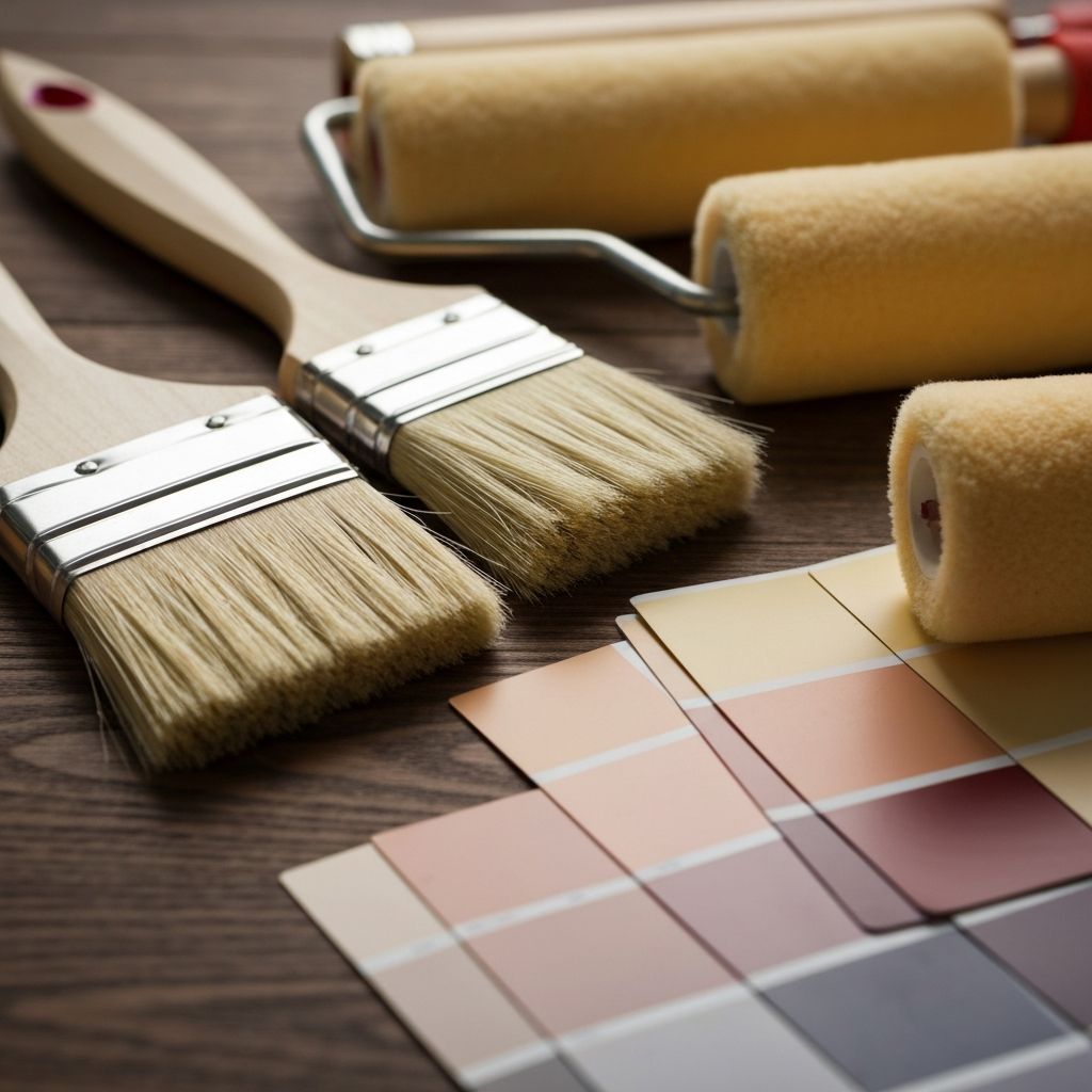 Professional painting tools — brushes, rollers, and colour swatches representing quality craftsmanship